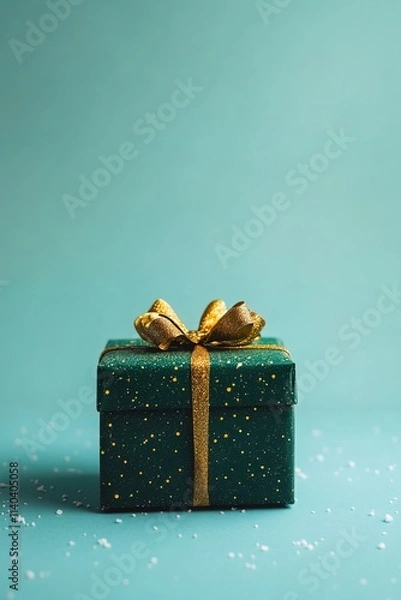 Obraz vertical image close-up green Christmas gift box with gold ribbon and bow placed on a light blue background soft lighting highlighting the box and creating a cheerful vibe