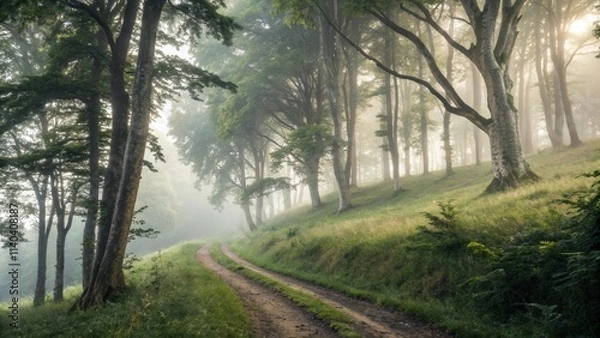 Fototapeta Sunlight filtering through a misty forest at dawn casts a warm glow on a winding dirt road, leading deeper into a captivating landscape of dense trees and lush greenery