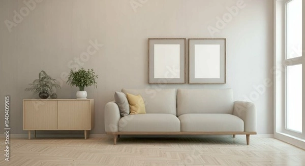 Fototapeta A modern living room with a sofa against a wall featuring blank poster frames in wooden frame borders 3d illustration template. Empty photo frame mock-up template.