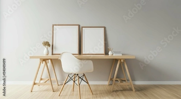 Obraz An interior study room with blank rectangular photo frames on the wall 3d illustration mock-up template.
