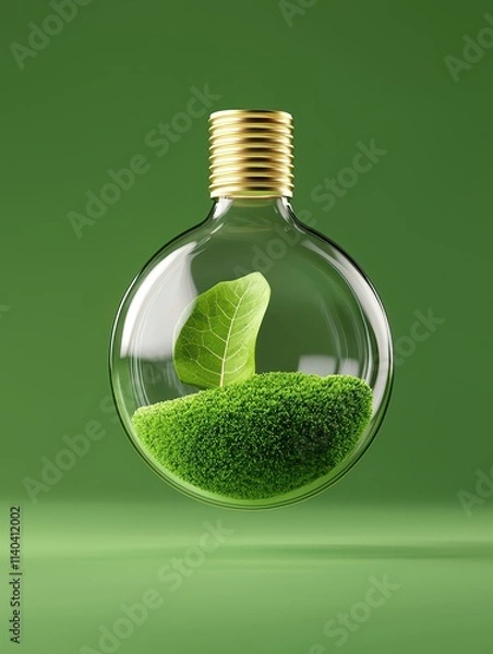 Fototapeta A glass bulb containing vibrant green moss and a leaf, symbolizing sustainability.