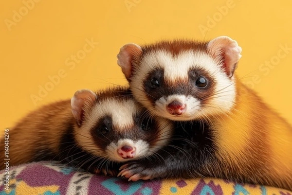 Obraz Adorable Ferrets Snuggling Together Against a Bright Yellow Background Captured in a Warm and Charming Moment