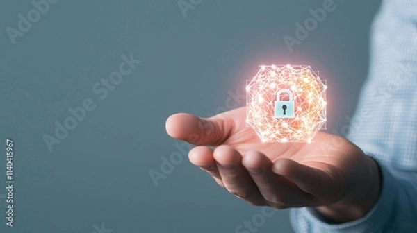 Fototapeta Anti tracking encryption. A hand holds a glowing lock symbolizing security and protection in digital space.