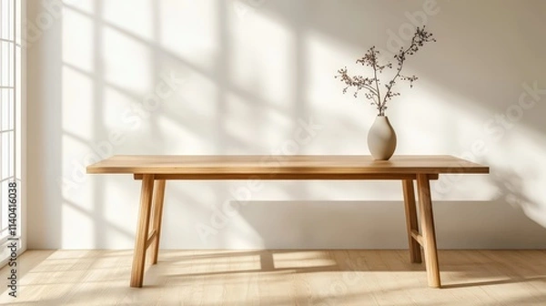 Fototapeta Elegant Wooden Table with Simple Vase and Branch Decor Under Soft Natural Light in Minimalist Interior Setting