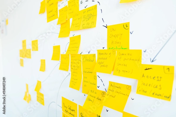 Obraz Collaborative Brainstorming Session With Sticky Notes on a Whiteboard for Idea Planning and Workflow Creation