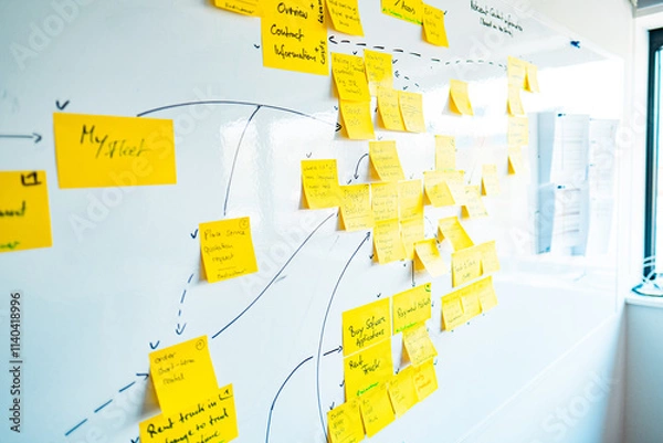 Obraz Creative Brainstorming Session with Sticky Notes on a Whiteboard for Planning