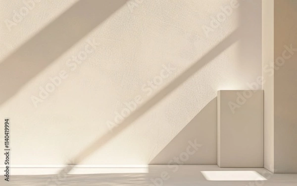 Fototapeta minimalist interior featuring a light colored wall shadows and a simple pedestal creating a serene and modern atmosphere.