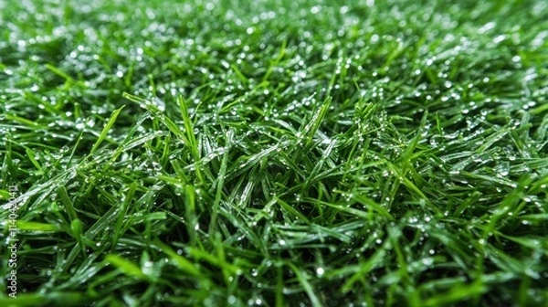 Fototapeta A close-up view of vibrant green artificial grass with dew drops, showcasing its texture and freshness.