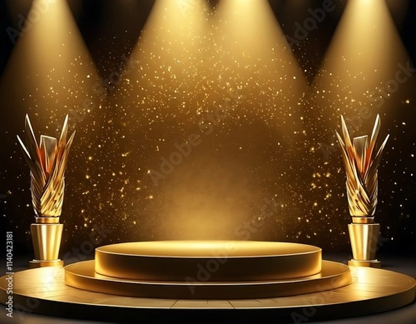 Obraz Gold background podium award stage light golden win 3D platform. Background luxury gold podium winner ceremony spotlight star abstract shine prize champion design product template