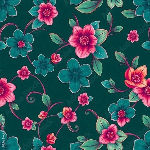 Fototapeta Floral Vines: A vibrant seamless pattern of teal and pink blossoms entwined with lush green vines, perfect for adding a touch of nature to any design project.