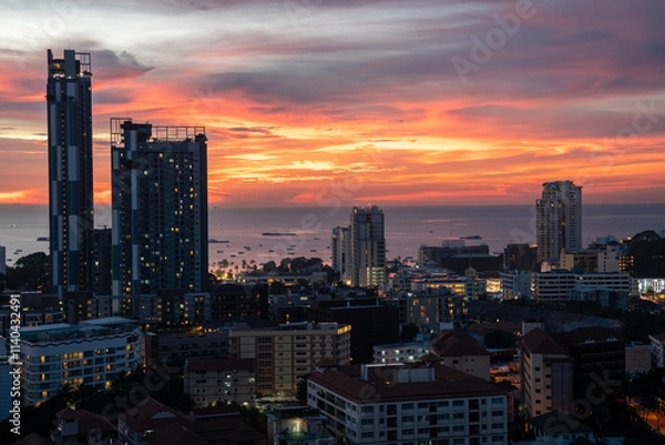 Fototapeta Sunset view from the 22nd floor of a condominium in Pattaya town Chonburi district Thailand Asia