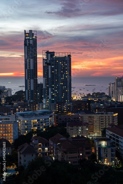 Fototapeta Sunset view from the 22nd floor of a condominium in Pattaya town Chonburi district Thailand Asia