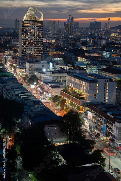 Fototapeta Sunset view from the 22nd floor of a condominium in Pattaya town Chonburi district Thailand Asia