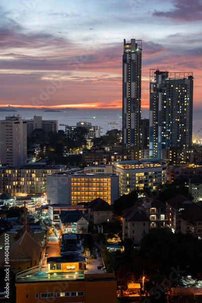 Fototapeta Sunset view from the 22nd floor of a condominium in Pattaya town Chonburi district Thailand Asia