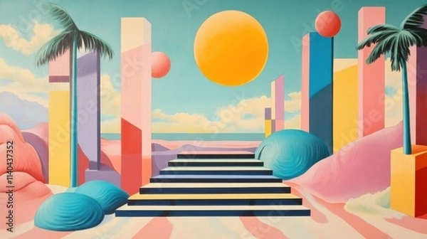 Obraz Surreal abstract scene with vibrant pillars, stairs, and a glowing sun