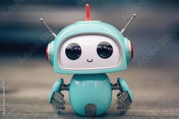 Fototapeta Adorable teal robot toy with big eyes and antennas  exuding cuteness.