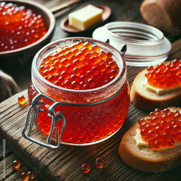 Obraz Delicious red caviar served in a jar with buttered bread on a rustic wooden table