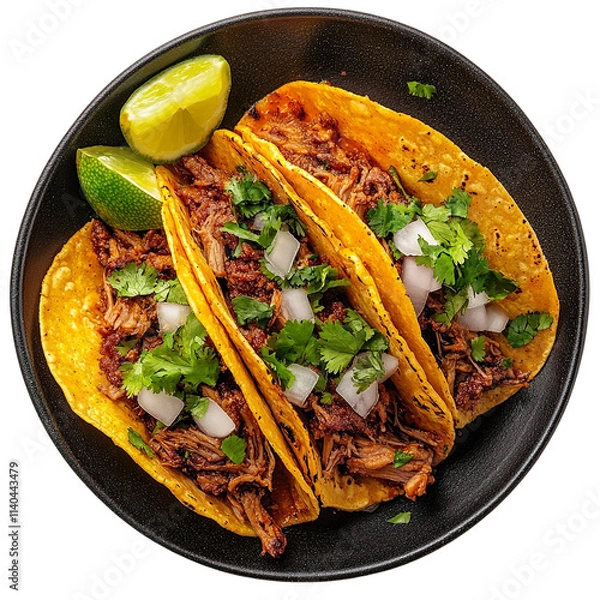 Obraz Extreme top view of an extremely perfect looking tacos de birria in a dark ceramic plate isolated on a white transparent background