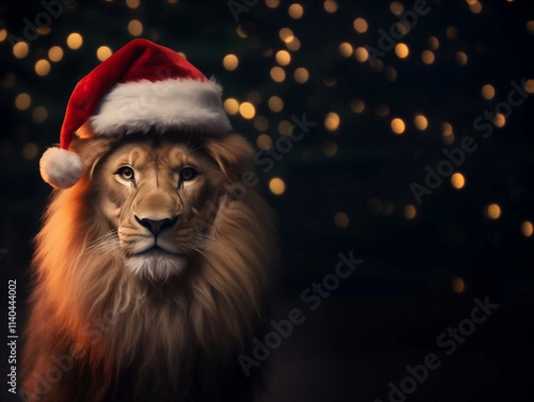 Fototapeta A lion wearing a Santa hat against a dark background with blurred lights. New Year and Christmas banner with copy space