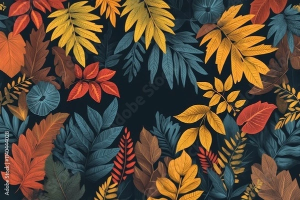 Fototapeta Hand-drawn autumn leaves and foliage background with copy space, flat design style for banner or web poster template