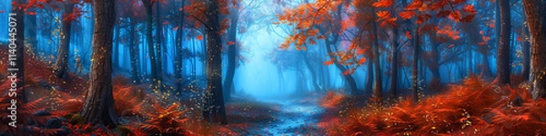 Fototapeta Enchanted forest with blue fog in autumn, featuring a pathway surrounded by trees with vibrant red and orange leaves. A dreamy and serene fall landscape.