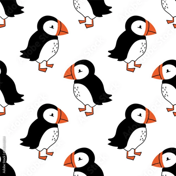 Fototapeta A seamless pattern with cute puffins. A fun print with Atlantic bird. Wrapping, wallpaper, background, poster, textile, notepad cover, texture template.