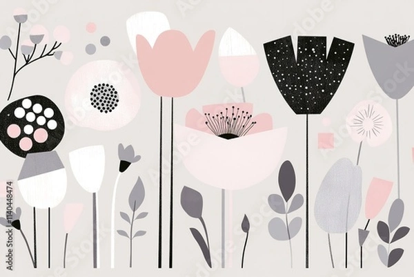 Fototapeta Pastel floral pattern with abstract plants and shapes.
