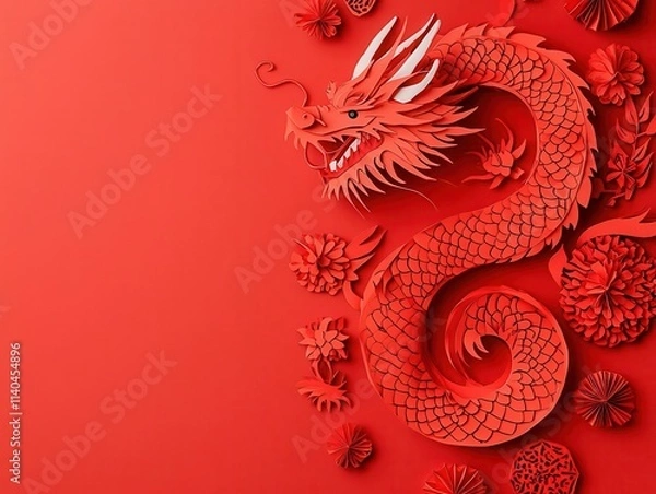 Fototapeta A whimsical papercut dragon entangled with glowing Chinese New Year decorations and origami symbols of wealth