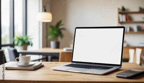Fototapeta Laptop mockup, blank white screen laptop on wooden table with office room blur background. Generative AI