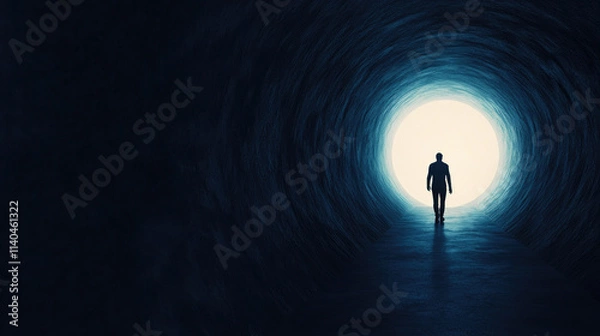 Fototapeta Journey into the Abyss, a figure steps into a tunnel, light diminishing, shadows enveloping, symbolizing uncertainty and an unknown future.