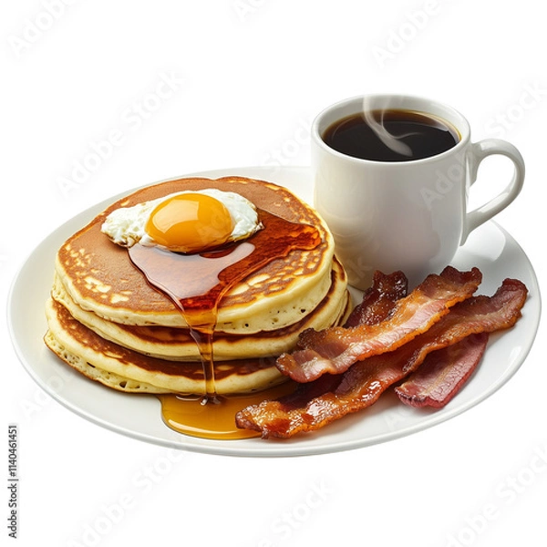 Obraz A breakfast combo of fluffy pancakes, scrambled eggs, crispy bacon, and a cup of steaming coffee isolated on a transparent background