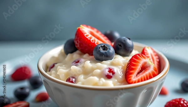 Fototapeta Coconut Milk Rice Pudding with Berries - Creamy rice pudding made with coconut milk topped with fresh berries. background copyspace