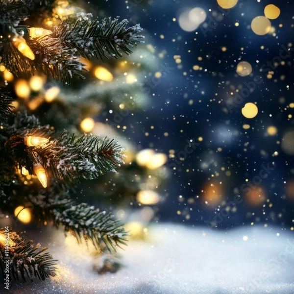 Fototapeta ðŸŽ„âœ¨ Christmas tree with New Year lights & garland on winter background