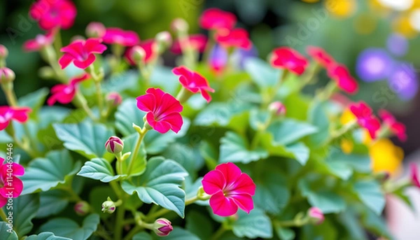 Fototapeta Geranium Charm - Bright geranium flowers in a charming garden setting. background copyspace
