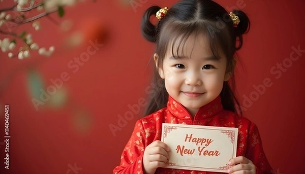 Obraz A young Asian girl in traditional red and gold attire smiles warmly while holding a "Happy New Year" card, exuding joy and celebration against a matching background.