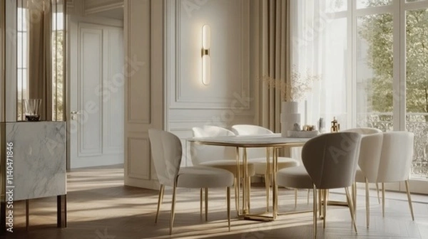 Fototapeta Chic dining room showcasing an elegant table with brass or gold legs, surrounded by elegant chairs upholstered in velvet or bouclÃ© in soft tones.