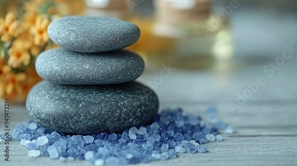 Fototapeta Stacked gray stones on a bed of blue sea salt, with a blurred background of yellow flowers and spa bottles..