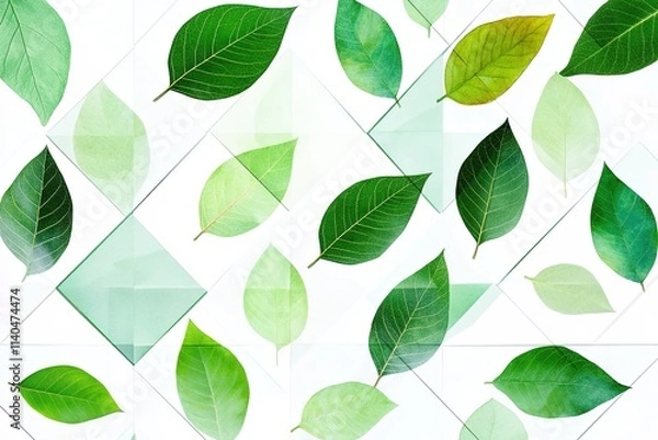 Fototapeta Fresh green leaves pattern with geometric shapes overlay