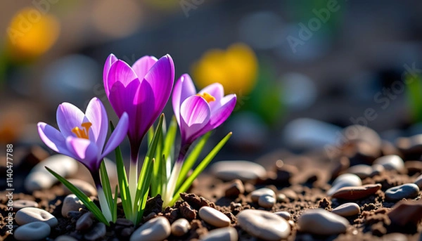 Fototapeta Crocus Spring Awakening - The first crocus flowers emerging from the earth symbolizing the arrival of spring. background copyspace