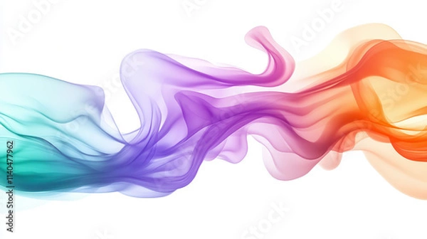 Obraz Abstract liquid design featuring sweeping gradients of deep emerald greens, sharp lavender purples, and bright sunset oranges, intricate wave-like shapes that radiate harmony and motion on a pure whit