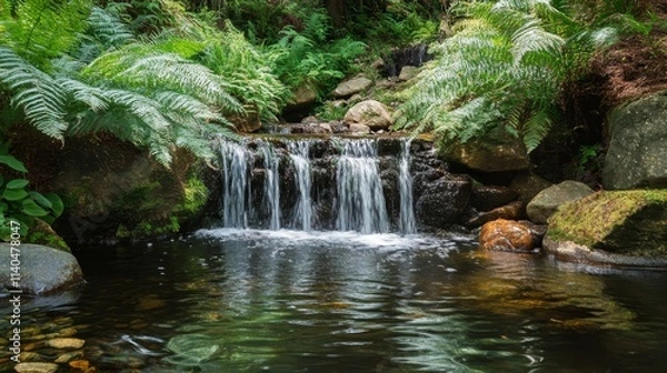 Fototapeta A serene waterfall cascading into a tranquil pool surrounded by lush greenery.