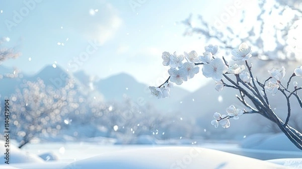 Fototapeta In the Chinese 3D cartoon style, in the severe cold of winter, the white plum blossoms bloom alone without fear of the cold.  