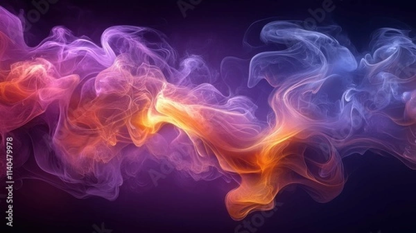 Fototapeta A vibrant abstract image showcasing fluid dynamics with swirling colors of purple, orange, and blue, creating a mesmerizing visual experience.