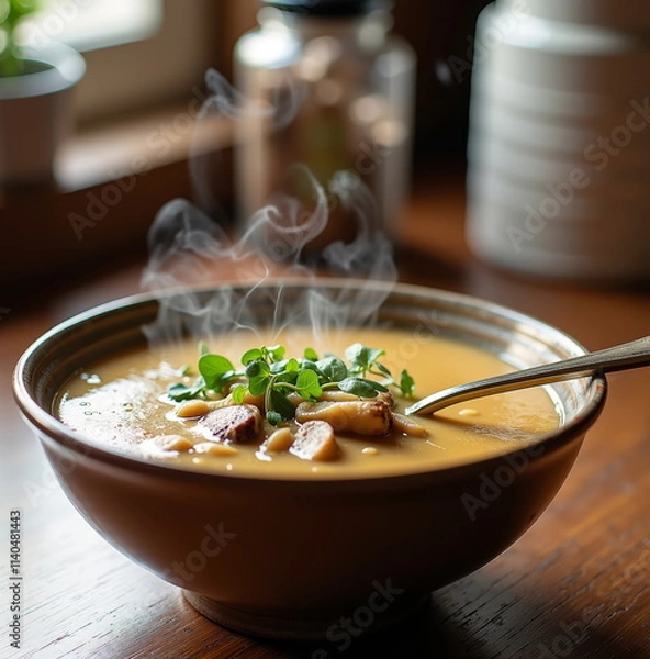 Fototapeta Steaming hot soup with herbs and mushrooms in brown bowl