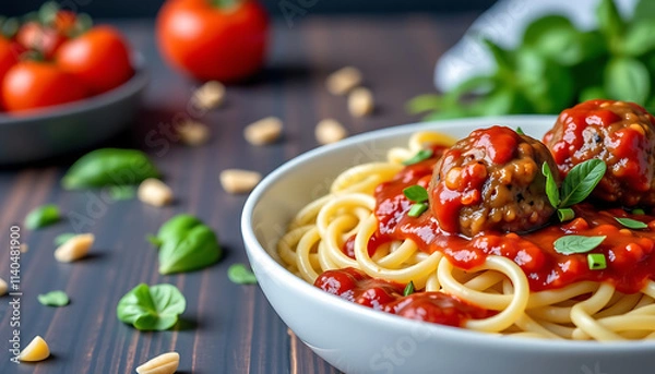 Fototapeta Vegan Quinoa Meatballs - Quinoa-based meatballs served with marinara sauce over pasta. background copyspace