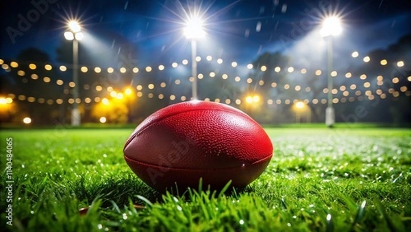 Fototapeta Low Light Backyard Aussie Rules Football Photo - Night Game, Red Sherrin, Grass