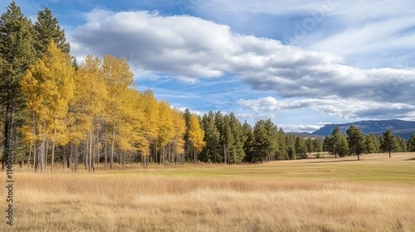 Fototapeta A serene landscape featuring golden trees and a grassy field under a blue sky.