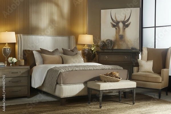 Fototapeta Elegant bedroom design featuring neutral tones and stylish decor in a modern interior space