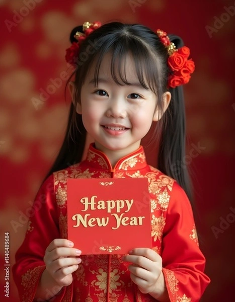 Obraz A young Asian girl in traditional red and gold attire smiles warmly while holding a "Happy New Year" card, exuding joy and celebration against a matching background.