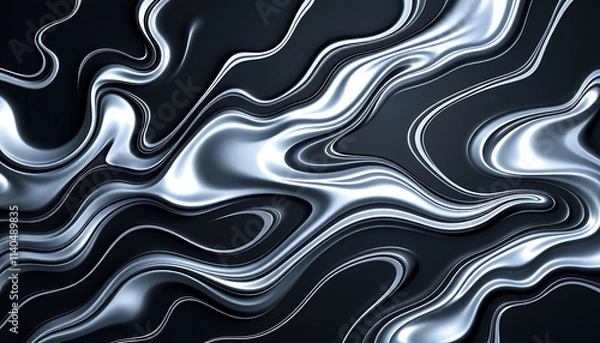 Fototapeta Liquid Metal Veins - Molten silver patterns swirling like veins on a black backdrop. background copyspace